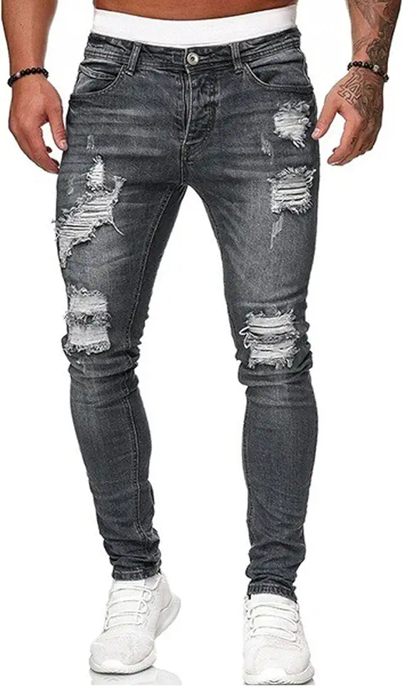 HUNGSON Men's Blue Slim Fit Jeans Stretch Destroyed Ripped Skinny Jeans Side Striped Denim Pants