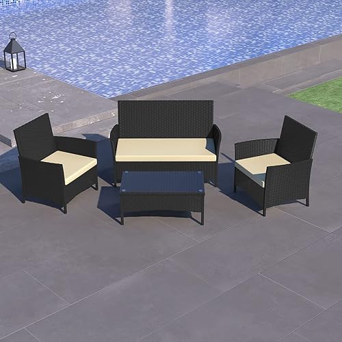 Miniatura 2 de MLM-17240 - 1 sofá biplaza con 2 sillas individuales, mesa de centro de cristal para jardín, césped, piscina, patio trasero, 4 piezas, ratán Pattio,