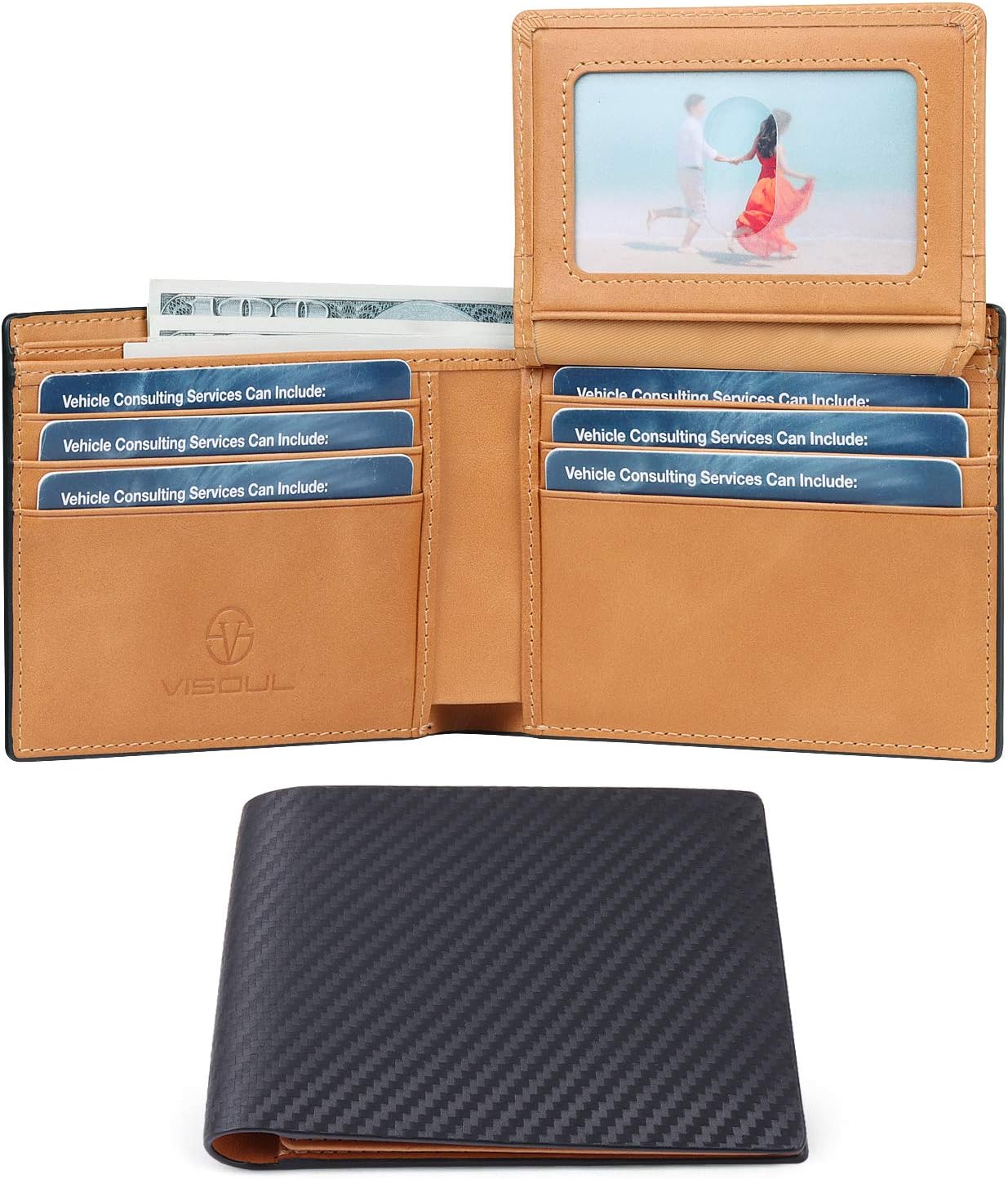 VISOUL Mens Carbon Fiber Leather Wallets Bifold with RFID Blocking, Designer Two-tone Wallet with 1 ID window for Men (Black+Yellow) - Image 5