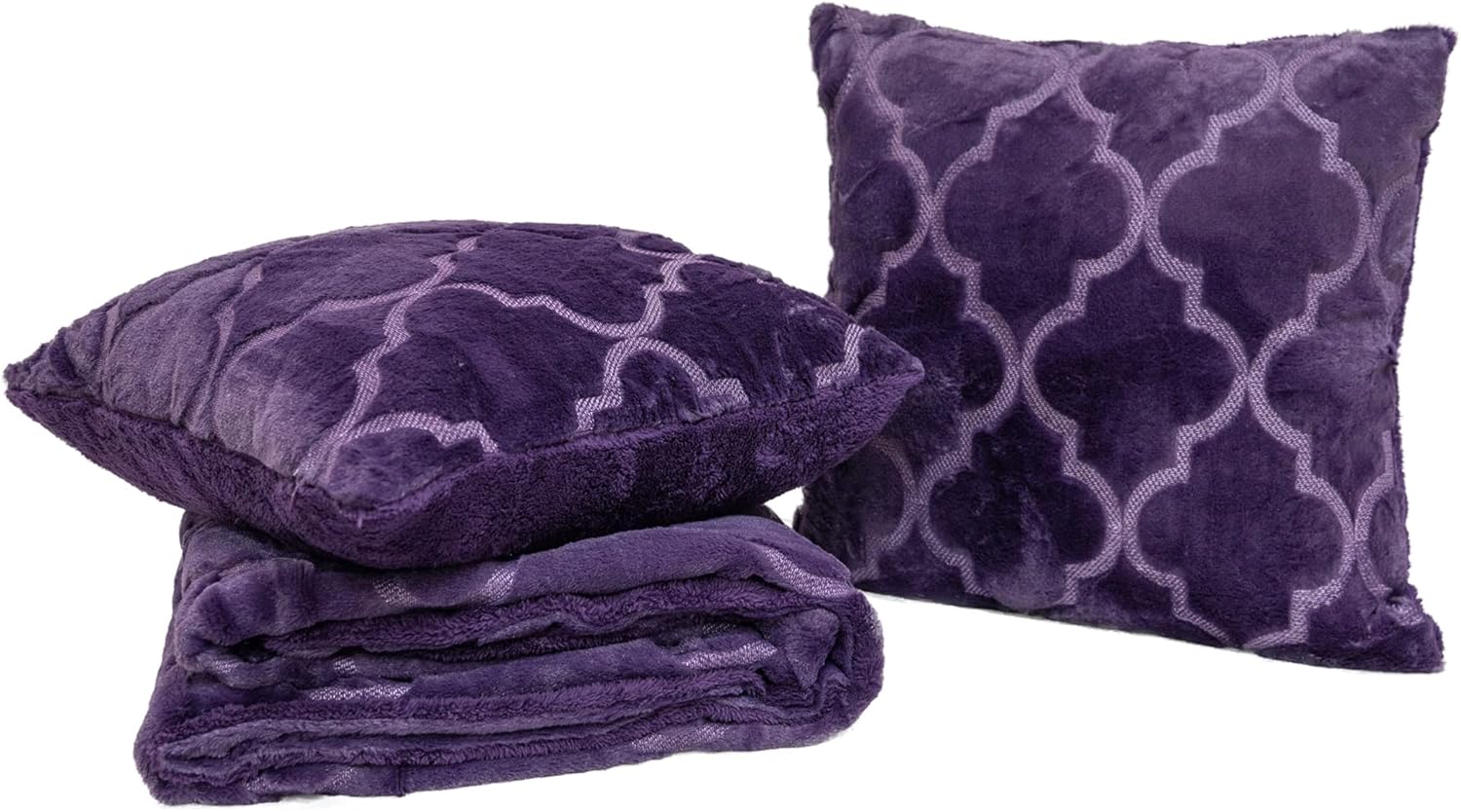 Home Soft Things Ogee Tatami Faux Fur 50″ x 60″ Throw with 2 Decorative 18″ x 18″ Pillow Covers(No Insert), Plush Fuzzy Soft Luxurious Blanket and Cushion Cases Set for Couch Sofa Bed, BlackBerry