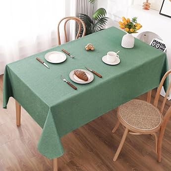 AooHome Washable Tablecloth, Green Tablecloths, 140 x 300 cm, Linen Look, Polyester Tablecloth, Water-Repellent with Lotus Ef