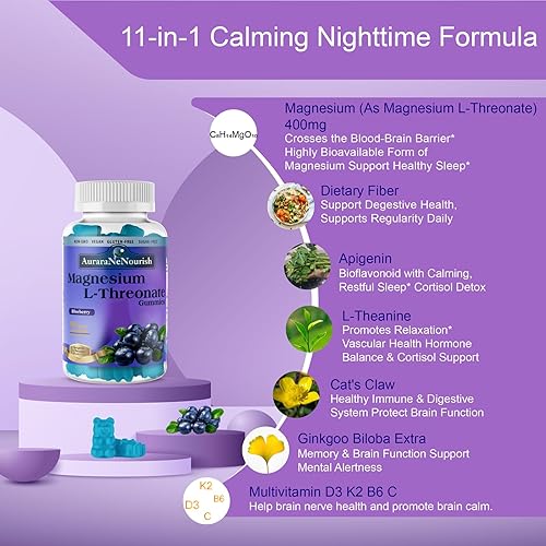 Miniatura 3 de Gomitas de magnesio L-treonato con apigenina L-teanina, suplementos avanzados de magnesio 11 en 1 con vitamina D3 K2 B6 para dormir cerebro