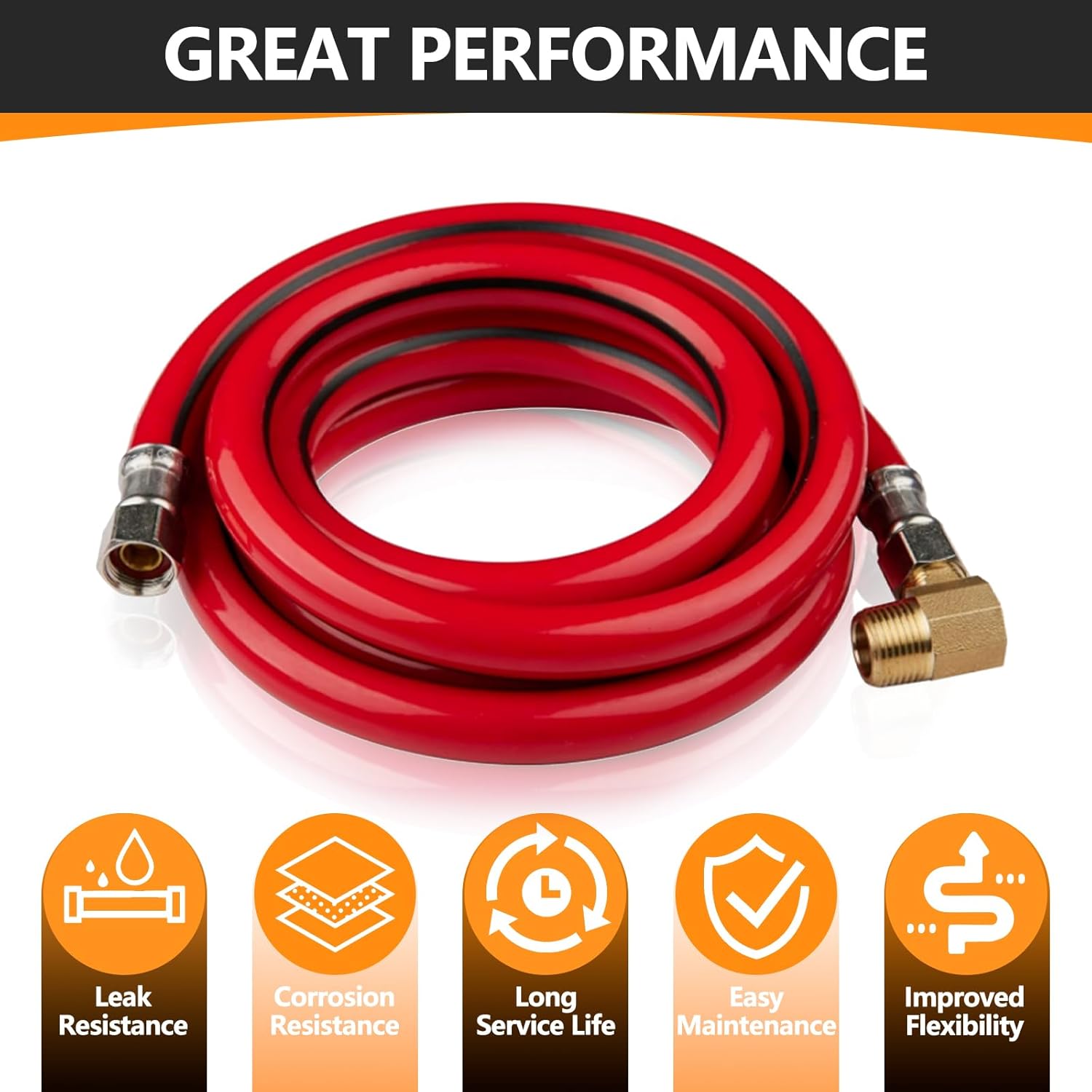 1-Pack HeSun 6 Feet Red PVC Dishwasher Hose, 3/8" Comp x Comp Water Supply Line, with Attached 90 Degree 3/8" MIP Elbow (6 Ft)