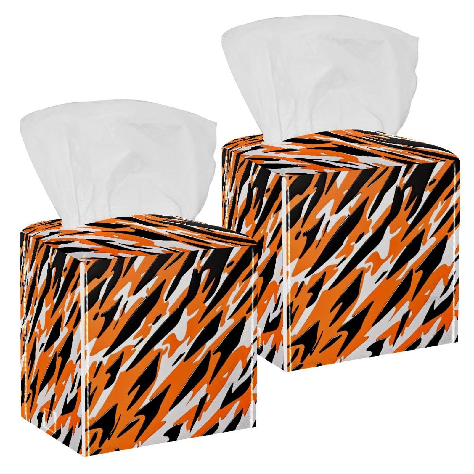 Orange Camouflage Tissue Box Cover, 2 Pack PU Leather Square Facial Tissue Dispenser Box holder for Home Office Car