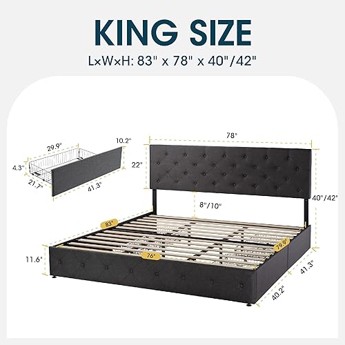 Miniatura 70 de WEEWAY Base de cama de plataforma tamaño Queen con 4 cajones de almacenamiento, cabecera capitonada con botones de costura de diamante, base de