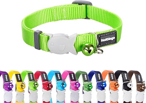 Red Dingo Safety Release Breakaway Cat Collar Adjustable Nylon Collar with Bell for Cats and Kittens, Soft Durable Comfort Webbing, One Size Fits All, Design for Indoor and Outdoor Use, Lime Green