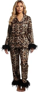 طقم بيجامة للنساء من مانيكان بطبعة جلد الفهد مع حواف من الريش، بلوزة باكمام طويلة بازرار وسروال، اسود وبني