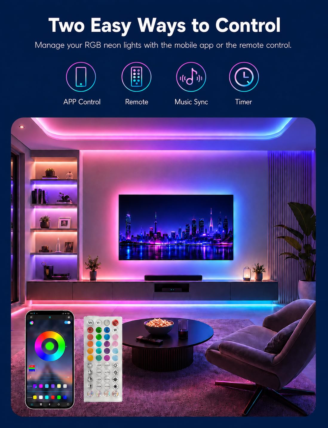Cuerda de luces de neón – Cuerda de luces LED flexibles de 15 m con control remoto/aplicación, tira de luces de neón RGB impermeable IP65, (RGB, 10M)