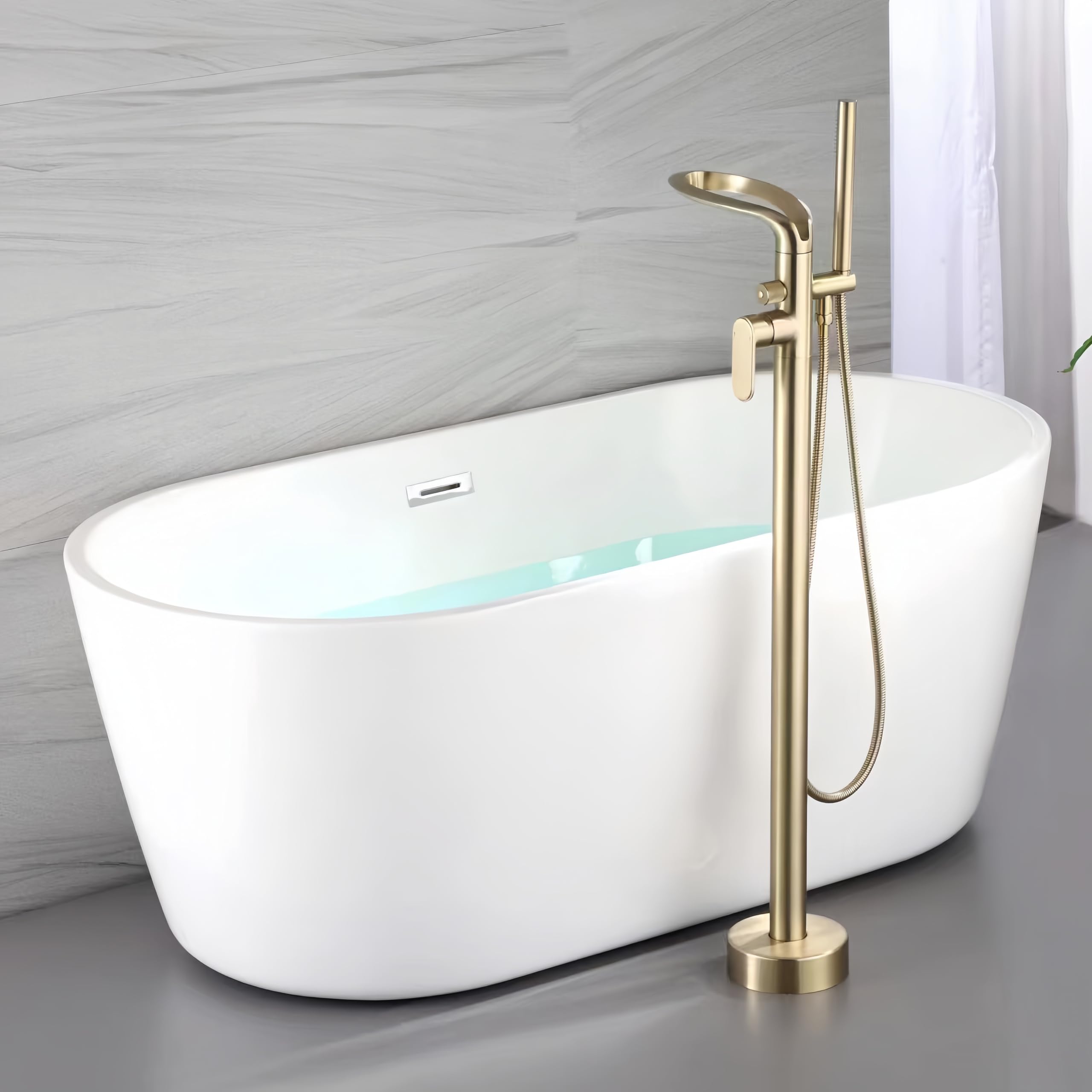 Grifo de bañera de Pie, mezclador de baño Tipo Cascada, cabezal de ducha de Mano para bañera, montaje en suelo, latón Negro (Oro cepillado-B)