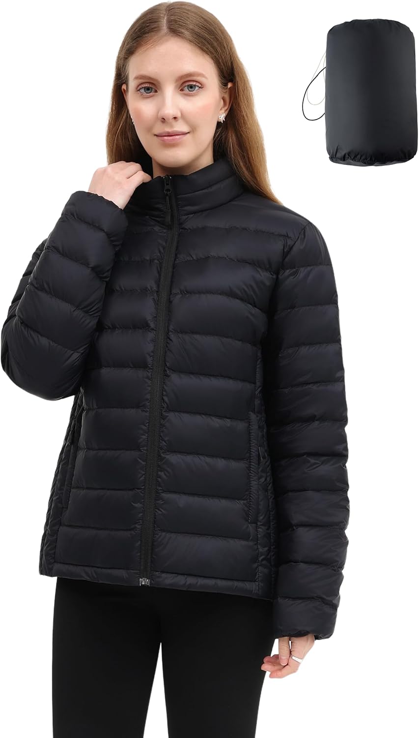Packable Puffer Jacket Women Lightweight Stand-collar Full Zip Quilted Padded Water-Resistant Winter Fleece Coat