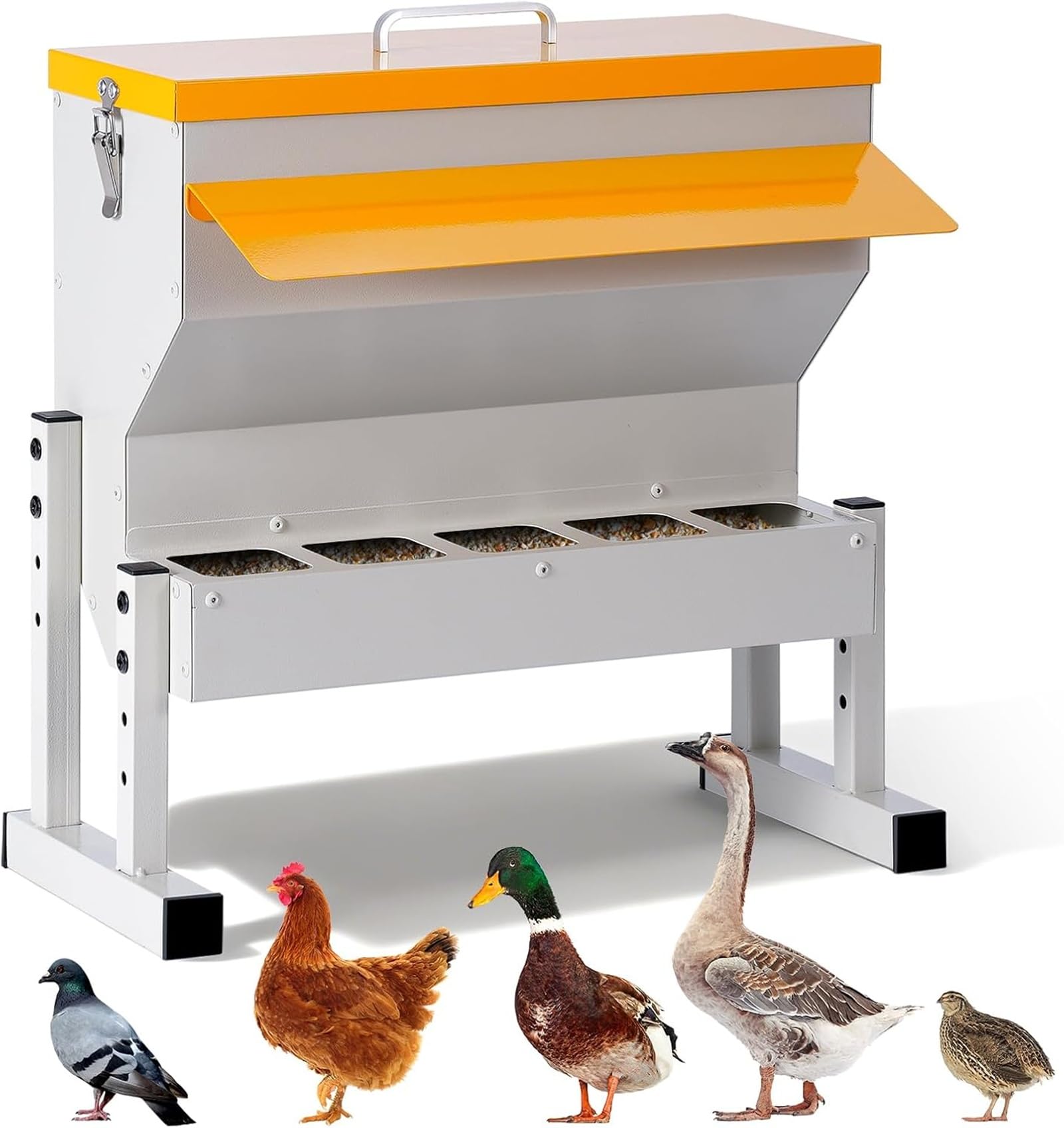 Automatyczny podajnik dla kurczaków, 5 kg, metalowy dozownik karmy dla drobiu, 5 portów do karmienia | Regulowane nogi, wiszące koryto do karmienia kurników na świeżym powietrzu, dla wielu kurczaków i kaczek