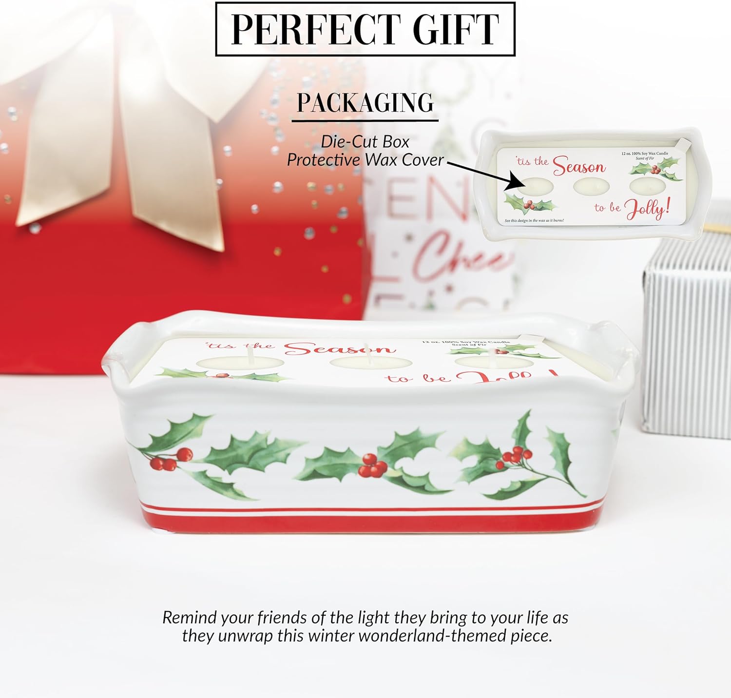 Pavilion Gift Company - 'Tis The Season to Be Jolly! - 12 oz Wax Reveal Secret Surprise Message Triple-Wick Pine Tree Fir Scented Candle Holiday Season Gift Holly Berry Leaf Present