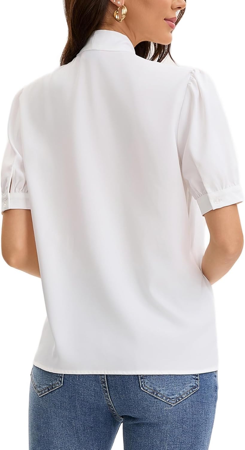 Women's Bow Tie Knot Mock Neck Short Sleeve Button Down Shirts Dressy Casual Office Work Blouses Tops - Image 5