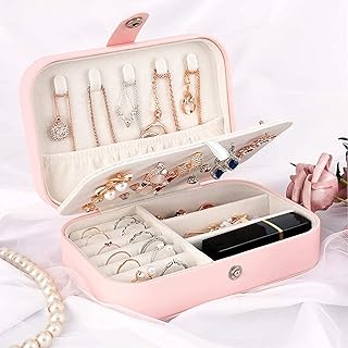 علبة منظم مجوهرات محمولة للسفر من الجلد الصناعي كريشيام® لتنظيم وتخزين الخواتم والحلقان والأساور والسلاسل للنساء والبنات بينك الخشب زهري