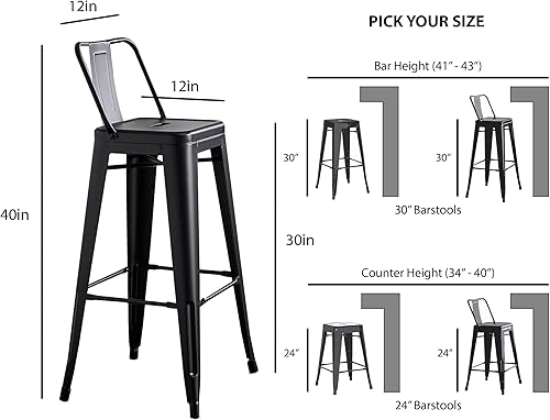 Miniatura 27 de Taburetes industriales modernos de metal con respaldo y 4 patas para barras, marca AC Pacific (juego de 2 unidades), Metal, Negro gastado Negro