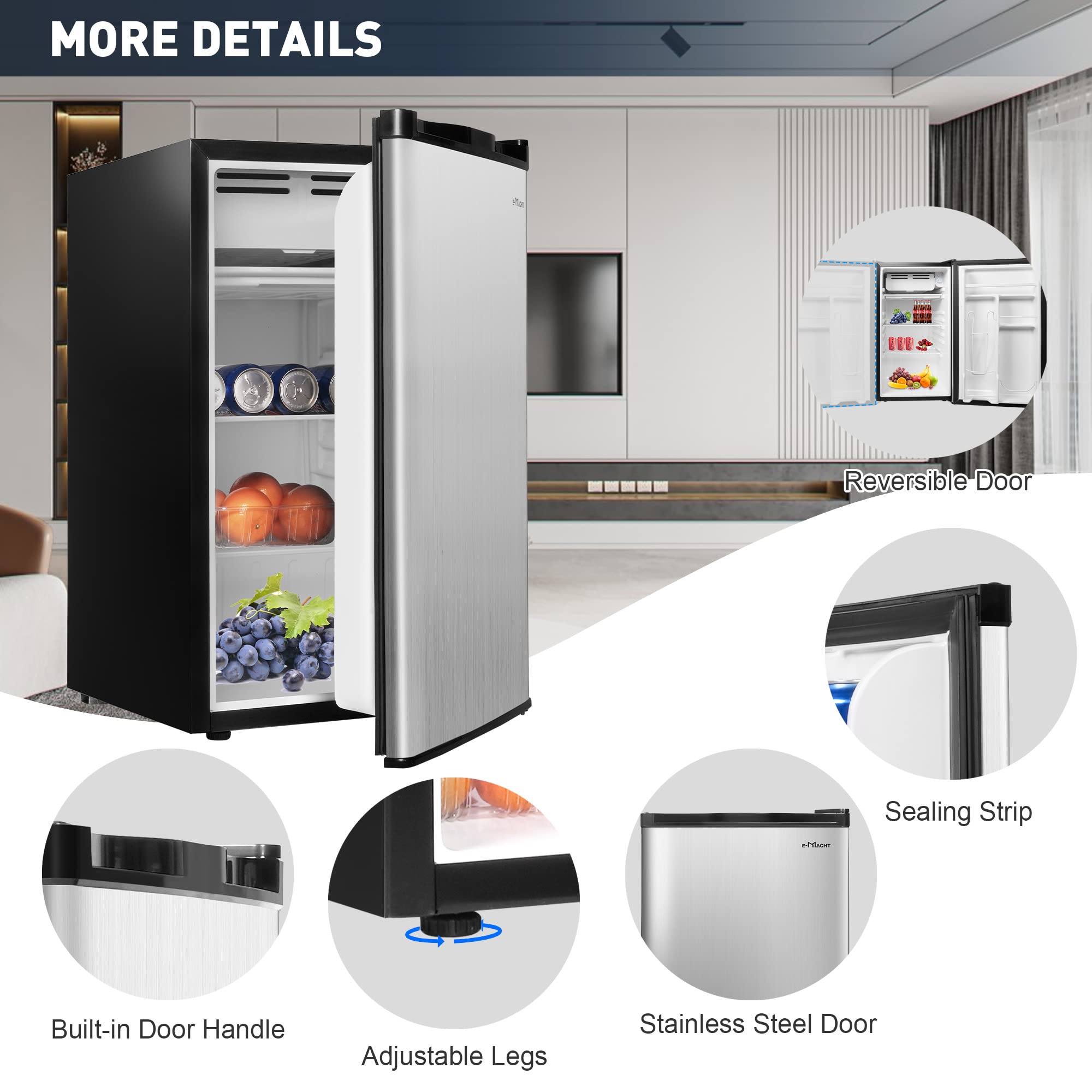 E-Macht 3.2 Cu.Ft. Mini Fridge With Freezer, Single Door Compact Refrigerator,Removable Glass Shelves, Reversible Door, Small Refrigerator For Apartment, Office, Dorm on Fridge.com - View 6