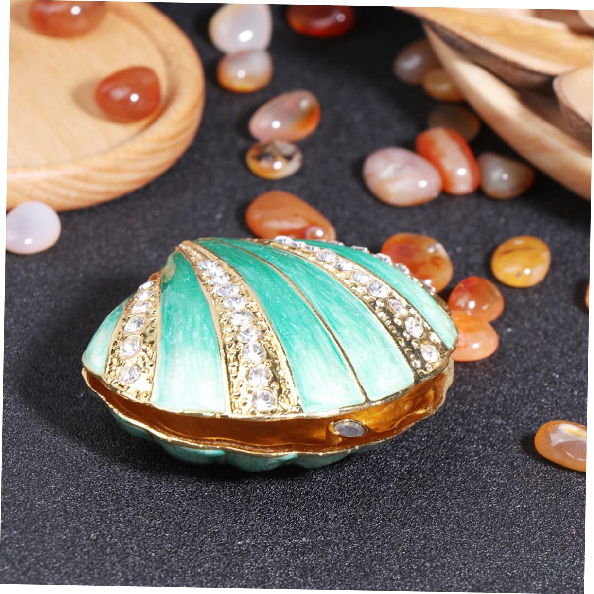 2piezas Caja De Joyería De Aleación De Enamel Forma De Concha Retro Organizador De Anillos y Accesorios Almacenamiento Compacto Para Mujeres Verde