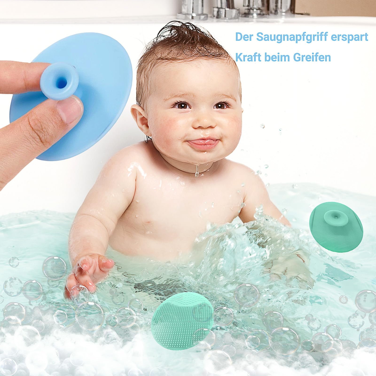Brosse de bain pour bébé, set de 3 brosses de massage rondes, brosse de massage en silicone, brosse exfoliante en silicone, pour les peaux sèches, les croûtes de langes et l'eczéma (bleu, vert, rose)