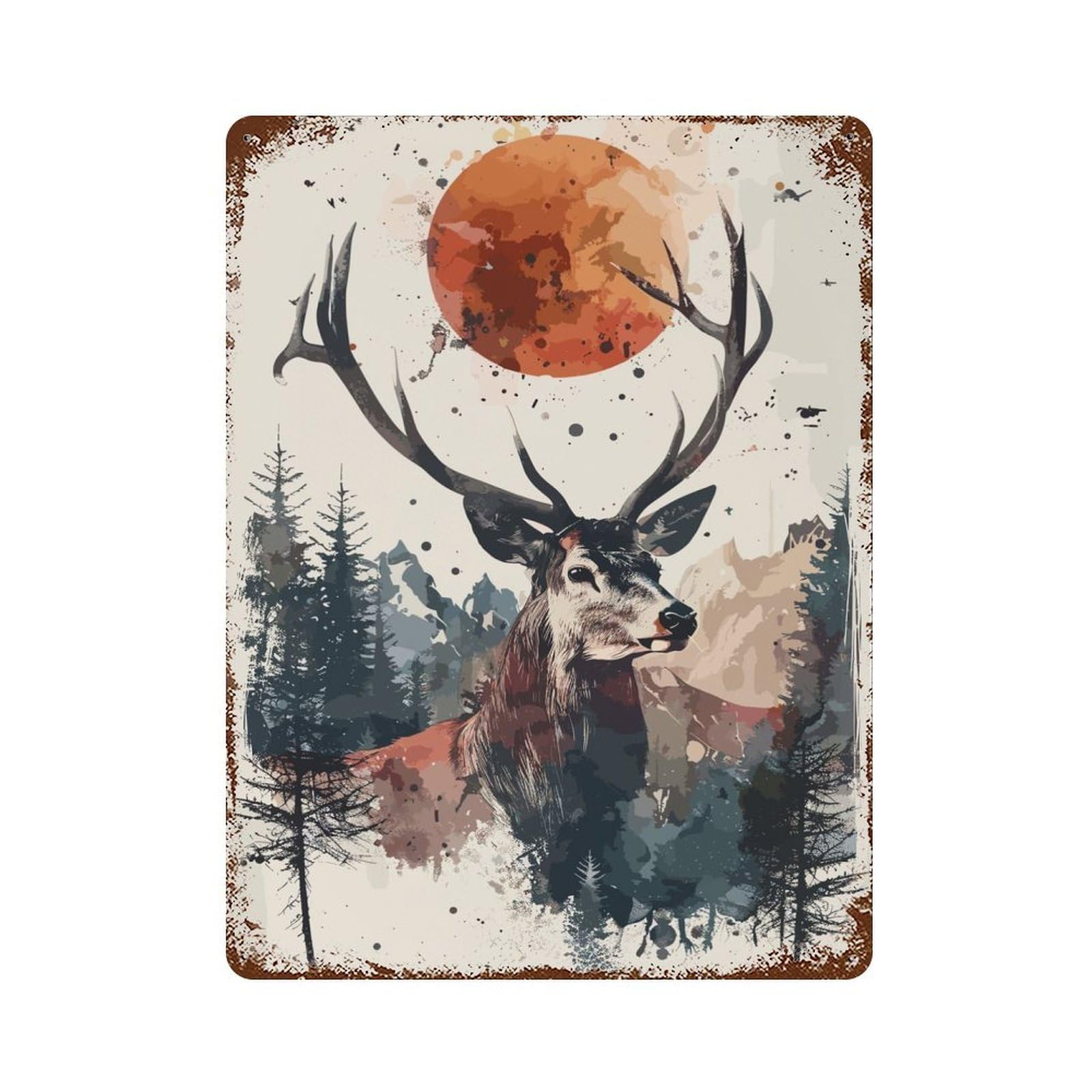 Vintage Rust Metal Sign Deer Forest Sun Watercolor 15.7"x11.8", Shabby Chic Decor for Cafe, Home Bar And Lounge Decor