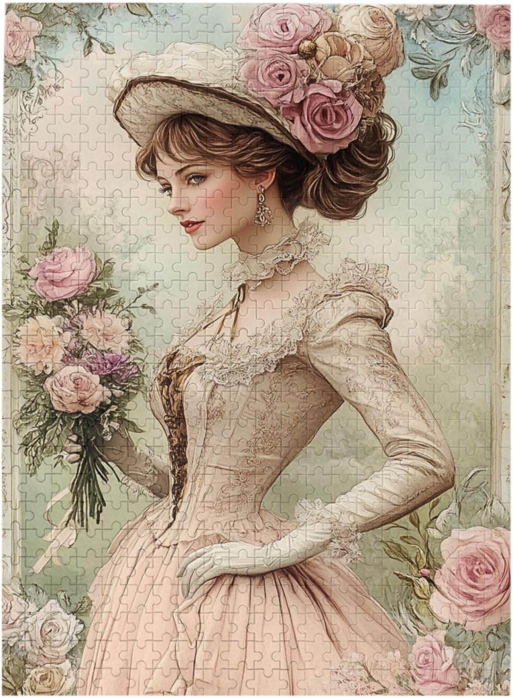 Puzzles for Adults 500 Pieces Victorian Lady in Light Red Dress,Classic Wooden Puzzle for Art Lovers, Challenging & Elegant Home Decoration Piece,Enjoy The Puzzle Solving Process