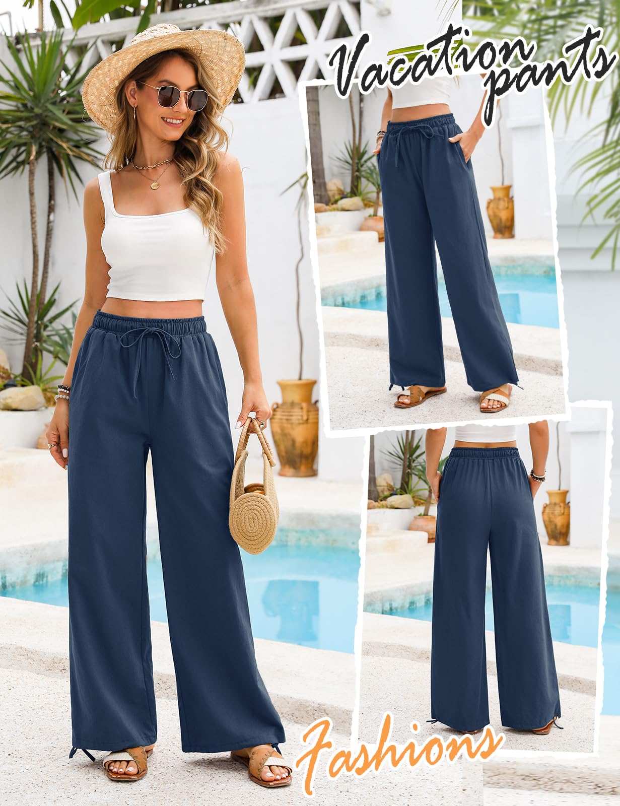 Niwicee Pantalon Fluide Femme Été Pantalon Femme Coton Décontracté avec Cordon Elegant avec Poches Pantalon Droit à Jambes Larges Printemps Pants