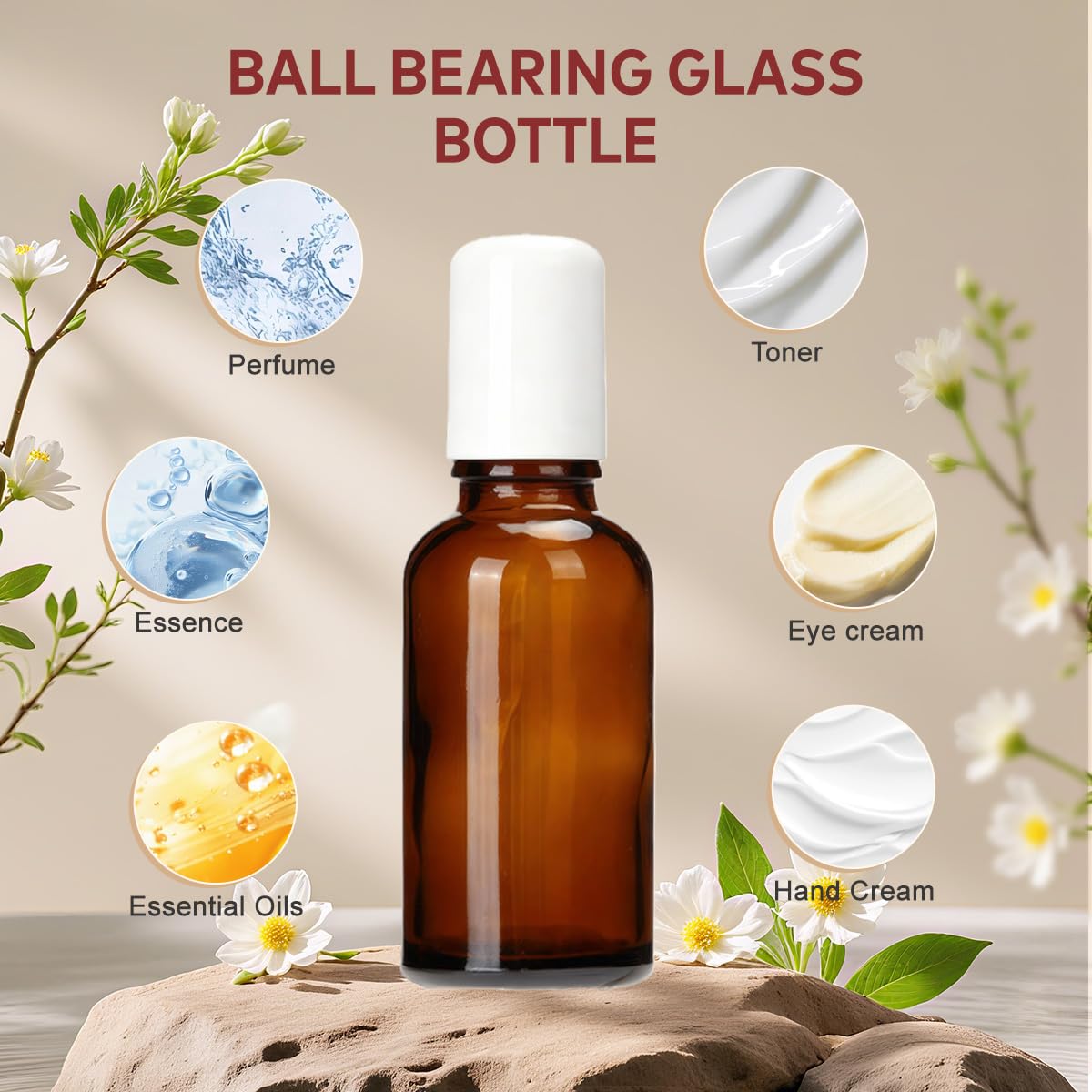 Lot de 3 flacons roulants vides en verre ambré de 20 ml avec billes en acier inoxydable rechargeables pour huiles essentielles, parfum, baumes à lèvres