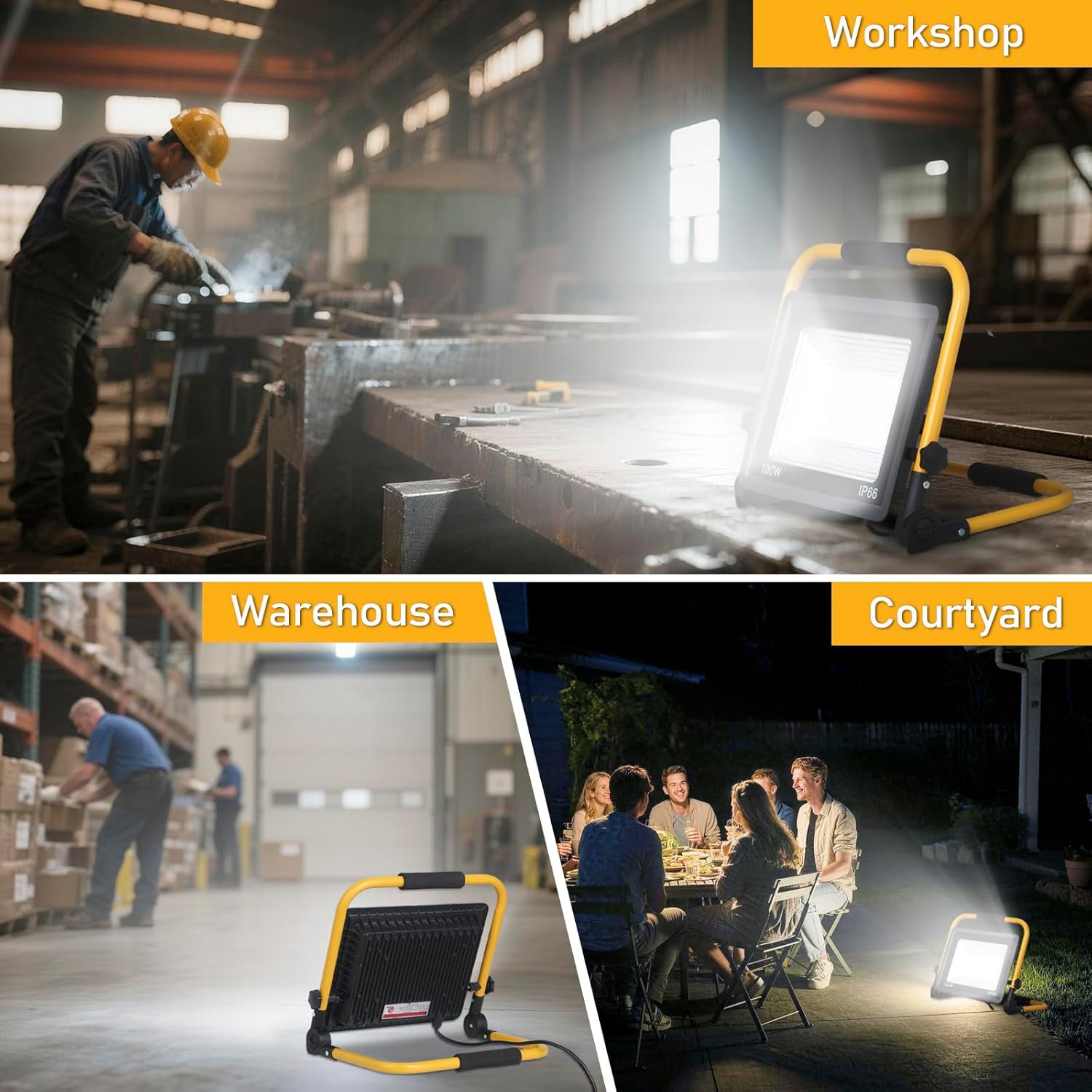 LED Work Light 100W, 11000LM Portable Work Light with 16.5FT Cord,Flood Lights for Outdoor Indoor Job Site Workshop Garage Construction Site Lighting,IP66 Waterproof