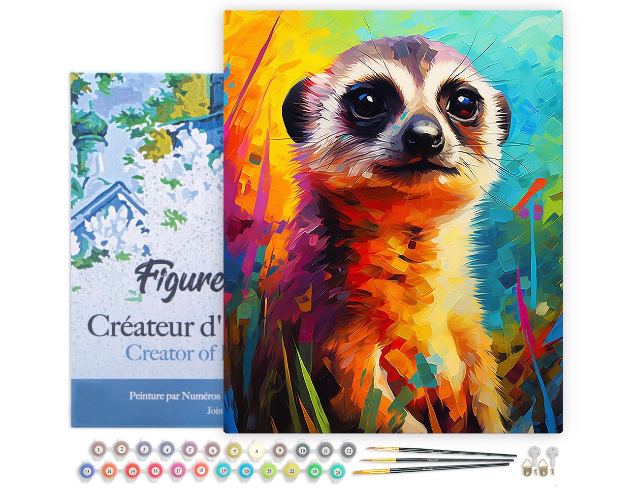 Figured'Art Peinture par Numéro Adulte avec Cadre Suricate Coloré Abstrait - Activité Manuelle Kit de Loisir Créatif DIY Numéro d'Art Complet Animaux - 40x50cm toile tendue sur châssis