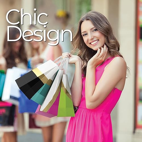 Miniatura 7 de HOUMY Bolsas de regalo de papel de diseñador con asas, diseño de rayas doradas reflectantes, base reforzada, caja de regalo de lujo para bodas,