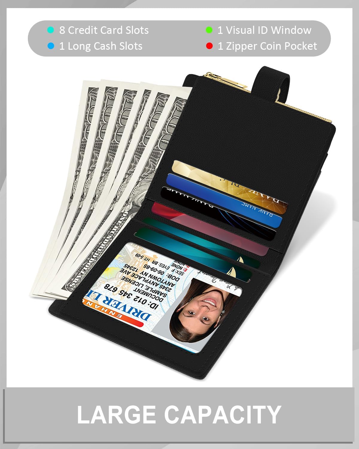 Womens Wallet, RFID Small Slim Wallets for Women, Compact Credit Card Holder, Cute Leather Bifold Ladies Purse with Zipper Coin Pocket and ID Window, Black