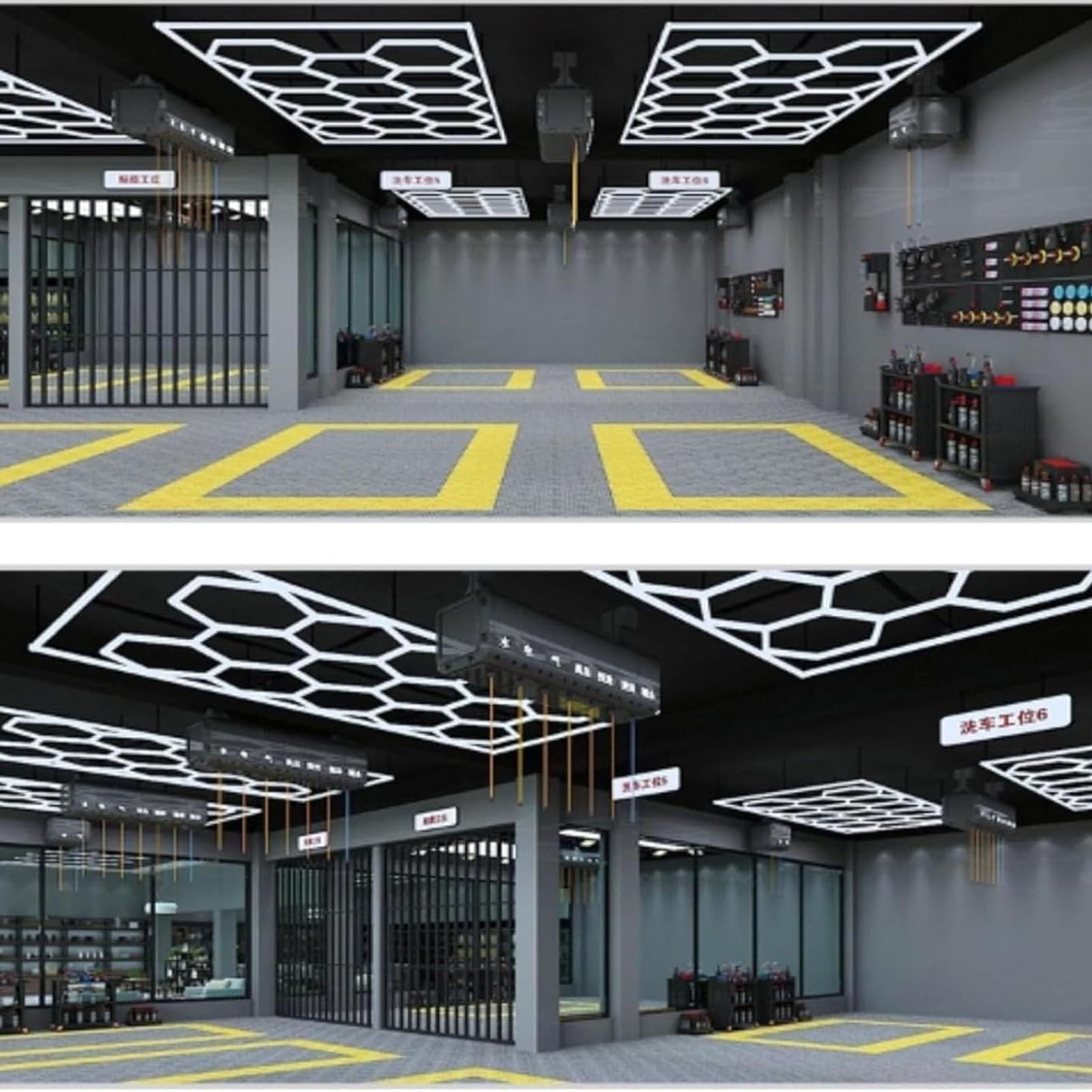 Sześciokątna lampa garażowa LED, lampy sufitowe LED do karoserii samochodowych