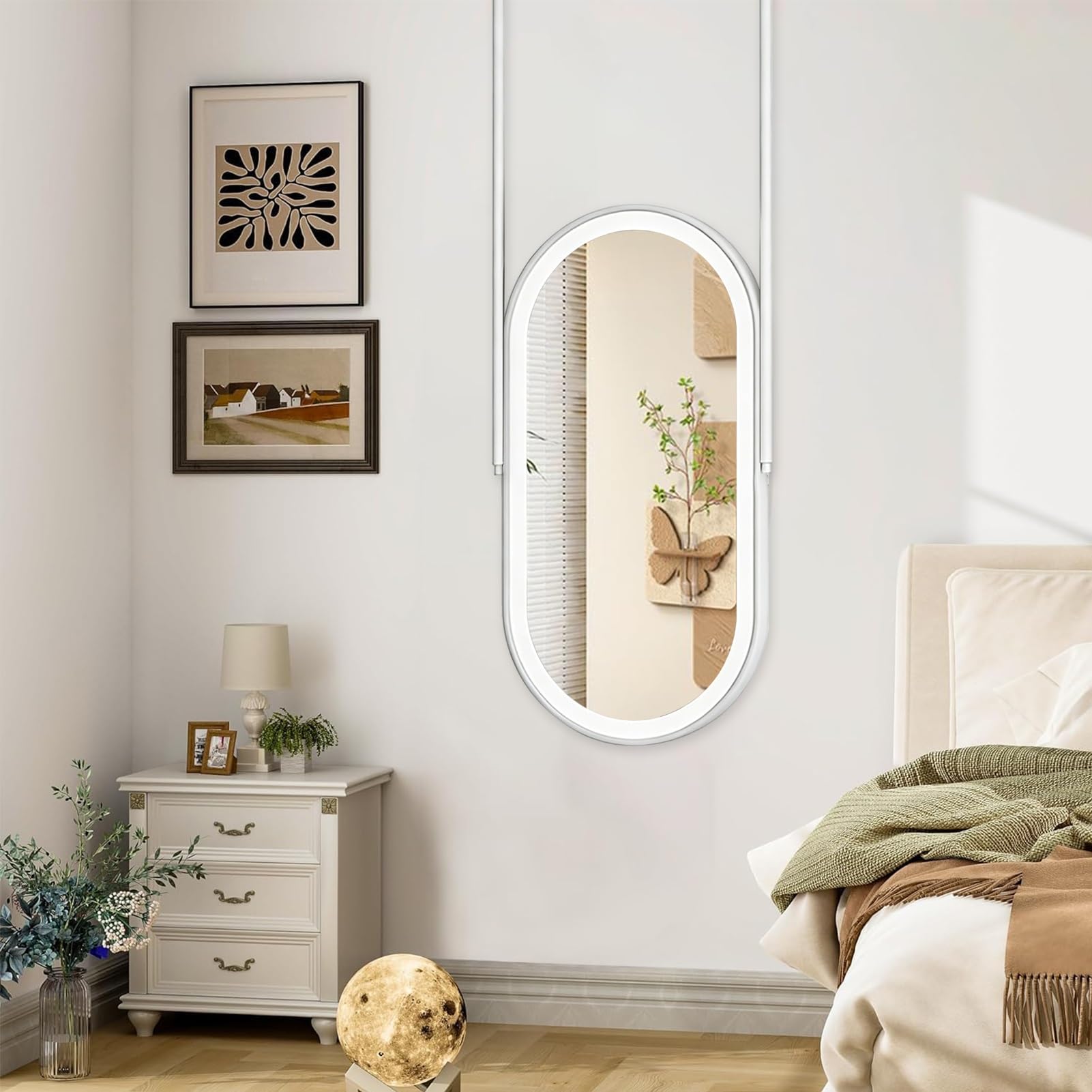 FGXHHS Bathroom LED Mirror with Lights｜Metal Frame Illuminated 3 Colors Dimmable｜Wall Mounted Multifunction Vanity Mirrors Hanging Rod Decor Mirrors(50cmx60cm)