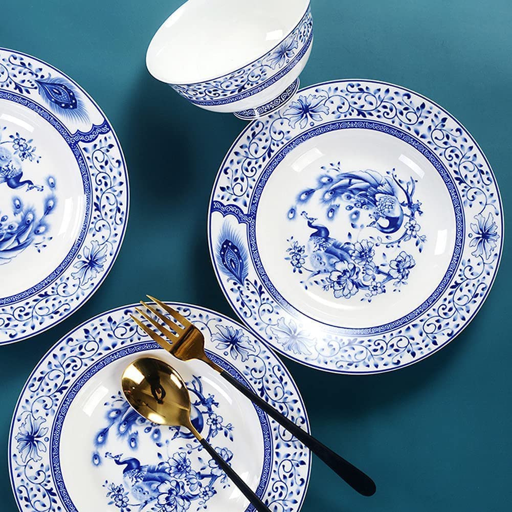 Ensembles de Vaisselle Traditionnelle Chinoise, 56 pièces en Porcelaine Bleue et Blanche, Ensembles de Vaisselle, Assiettes à dîner, Bols et soucoupes, Service (