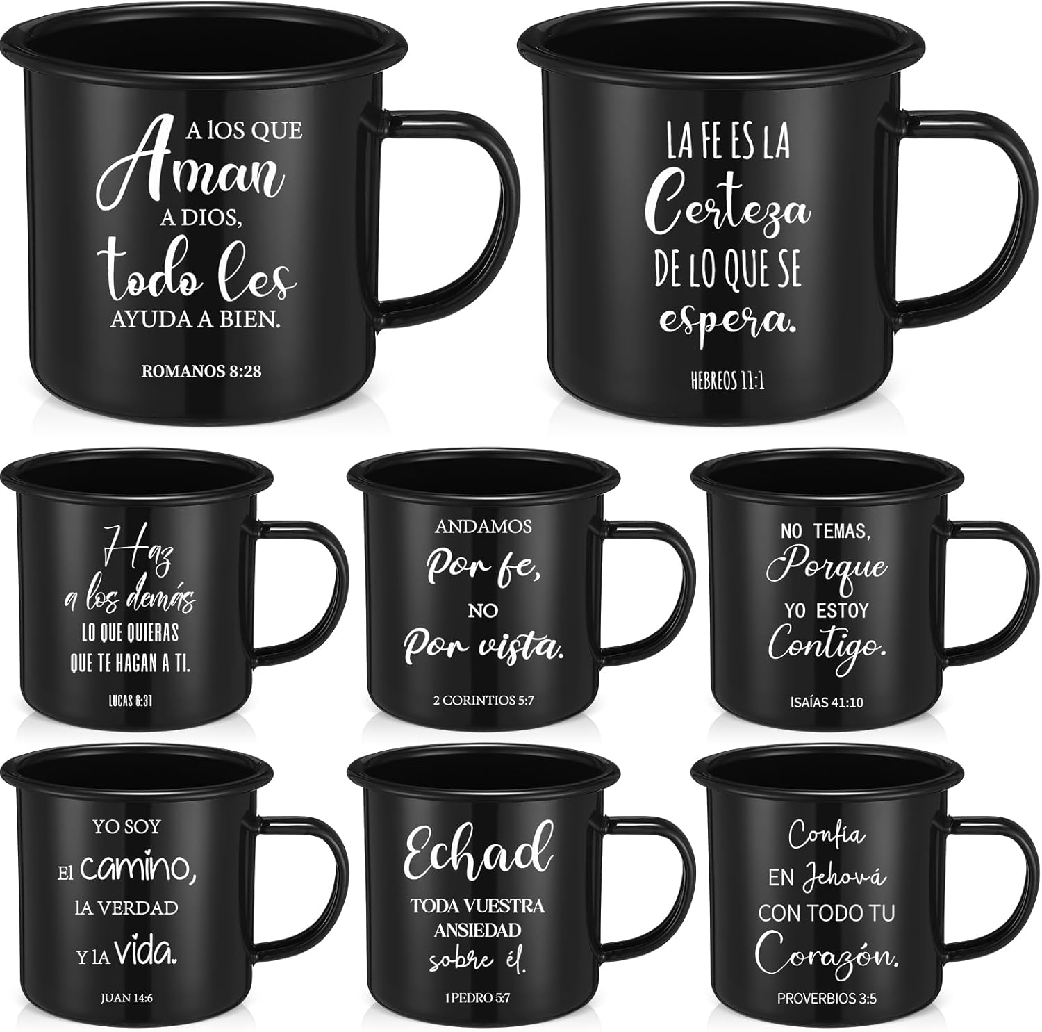 Yiyiring 8 Pcs Christian Enamel Mugs 16oz Spanish Religious Inspirational Christmas Coffee Mugs with Bible Verse Christian Drinking Cups with Scripture Xmas Gifts for Men Women Church(Black)