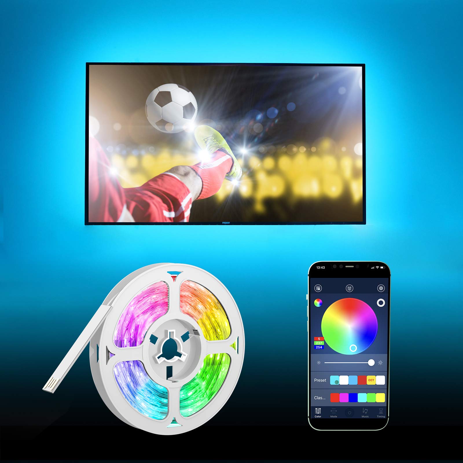 LED Strip Lights 5m HEERTTOGO, 5050 RGB LED TV Backlights, 16.4ft Music Sync Color Changing Lights USB Powered for Home Decoration