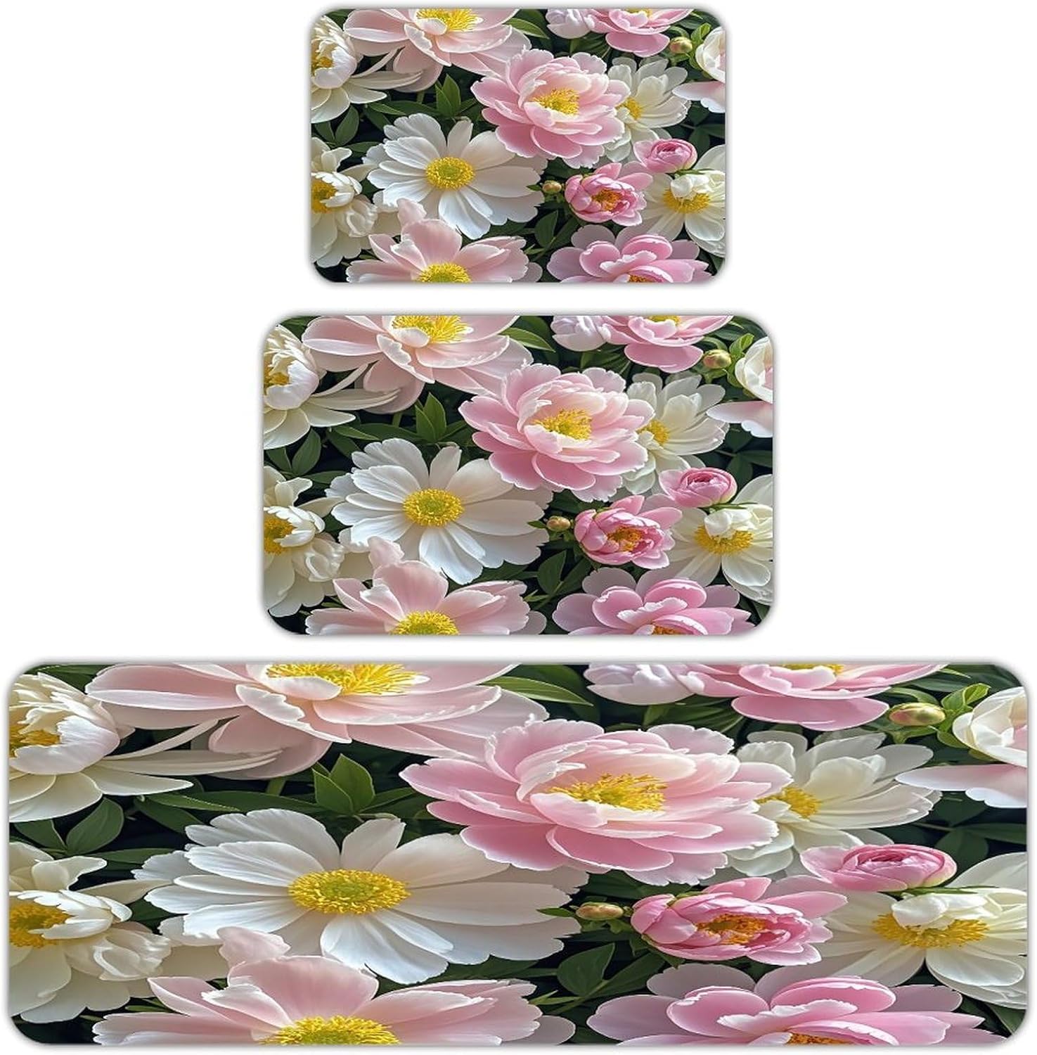 Beautiful Flowers with and Peonies Kitchen Mats for Floor 3PCS Waterproof Low-Profile Kitchen Rugs Floor Mat Non Slip Anti Fatigue Mats Comfort Standing Mat Runner Rug Area Rug 6"x24"+20"x31"+17"x47"