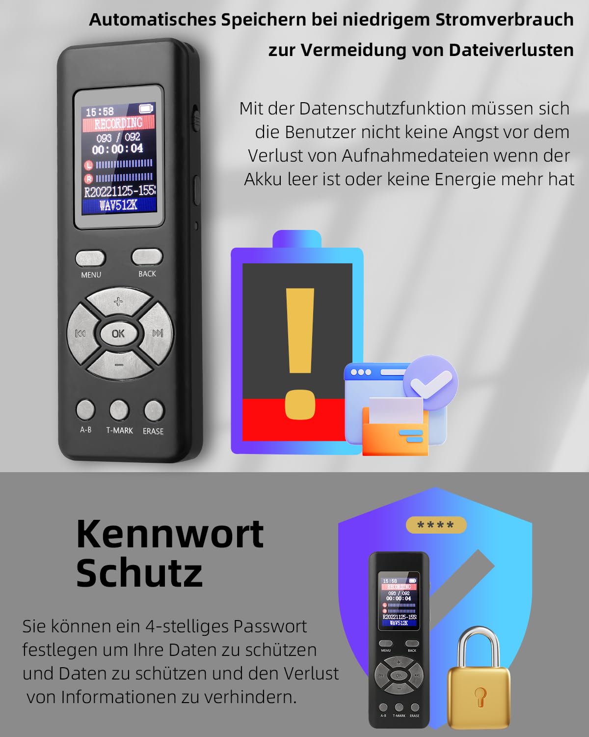 Sprachrecorder 64 GB Diktiergerät - MP3 Recorder Mit A-B Wiederholung & Telefonaufnahme