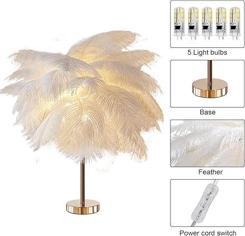 Miniatura 4 de Lámpara de mesa de plumas de avestruz con cable enchufable, lámpara de noche moderna de 5 luces, cuerpo dorado para mesita de noche de dormitorio,