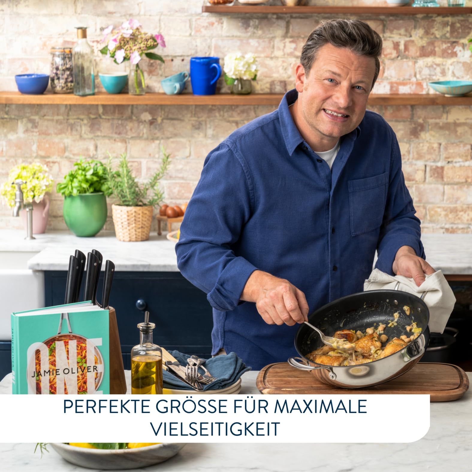 Tefal Jamie Oliver Cook‘s Classic Servierpfanne 30 cm, Schmorpfanne Induktion mit Antihaftversiegelung, Thermo-Signal bei idealer Brattemperatur, für alle Herdarten geeignet, Edelstahl, E30690