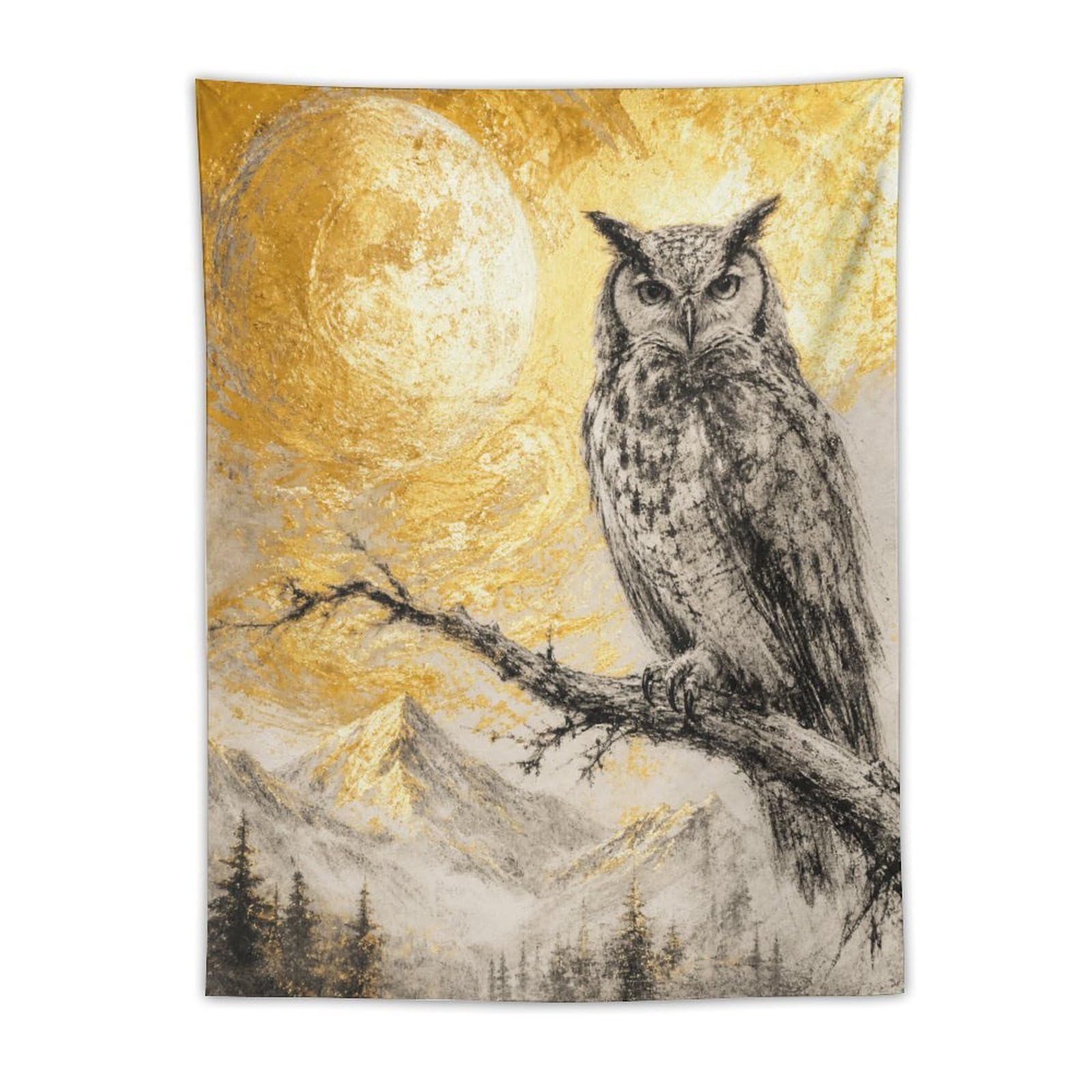H3B8U2Y5 Owl on Golden Moon Branch Wall Tapestry, Moonlit Stage