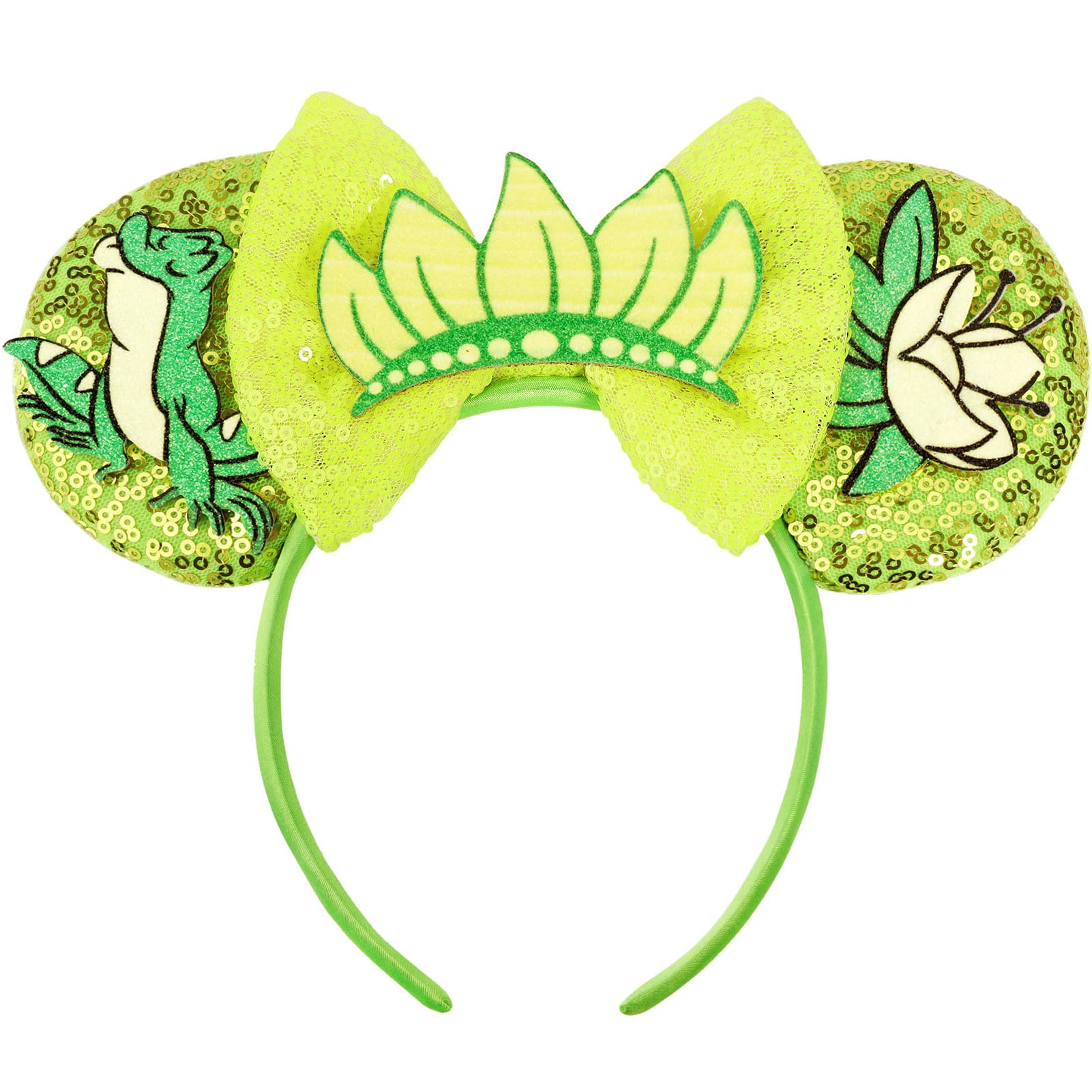 ETLUK Mouse Ears Headband，Princess Green Mouse Ears for Adult Women Girls, Frog Parks Ears with Sequin Bow for Cosplay Accessories Party