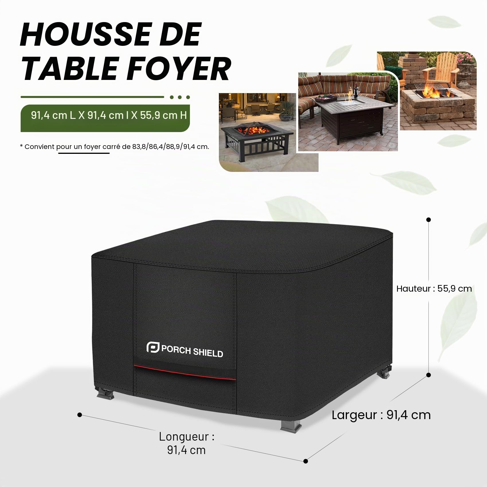 Porch Shield Housse de brasero de terrasse résistante aux UV – Housse de table carrée imperméable pour brasero d'extérieur, 91,4 x 91,4 cm, noir