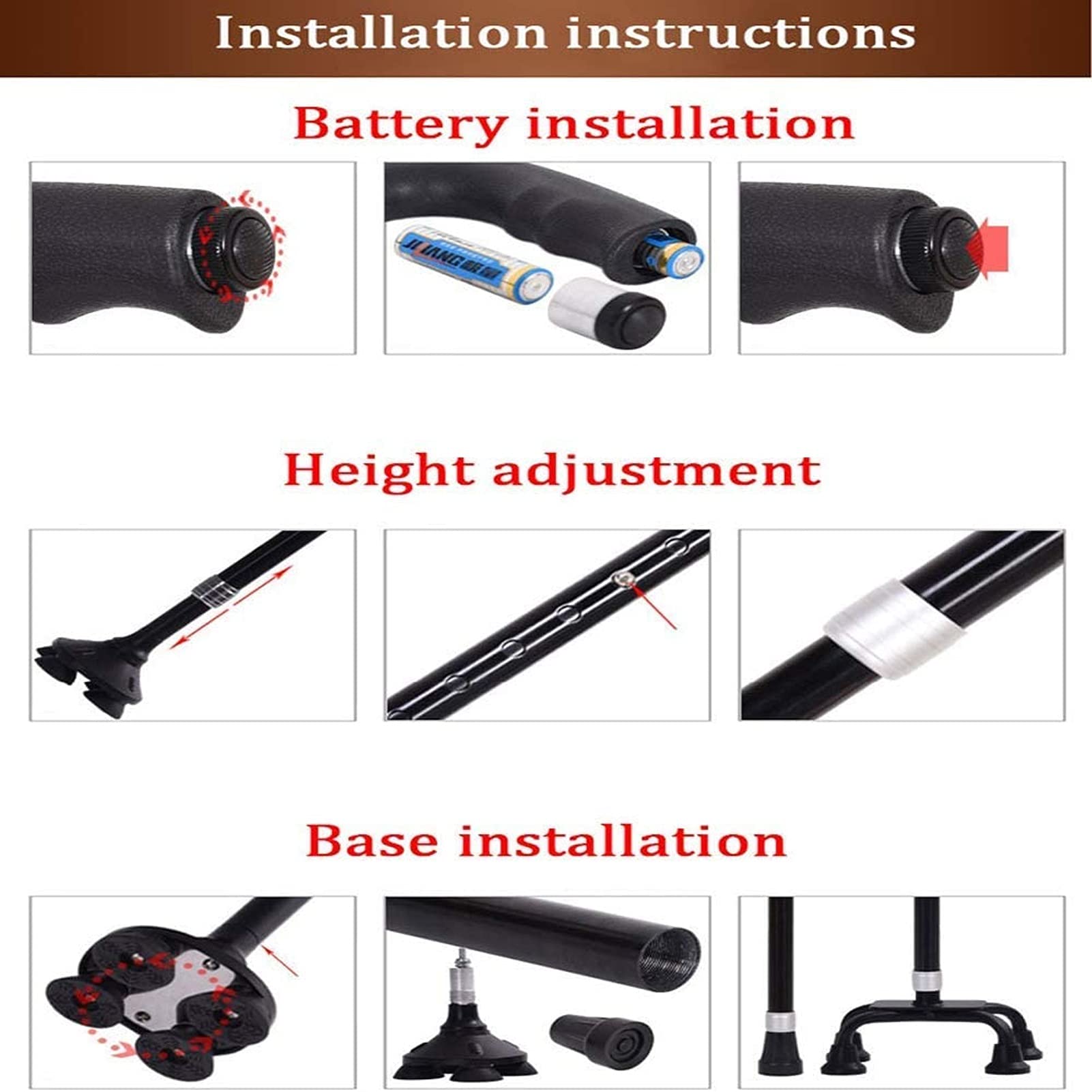 Altura ajustable bastones para mujeres y hombres, bastón de caminata ajustable con luz LED, bastón de aluminio para la artritis de ancianos, personas mayores y discapacitados, mango ergonómico y base
