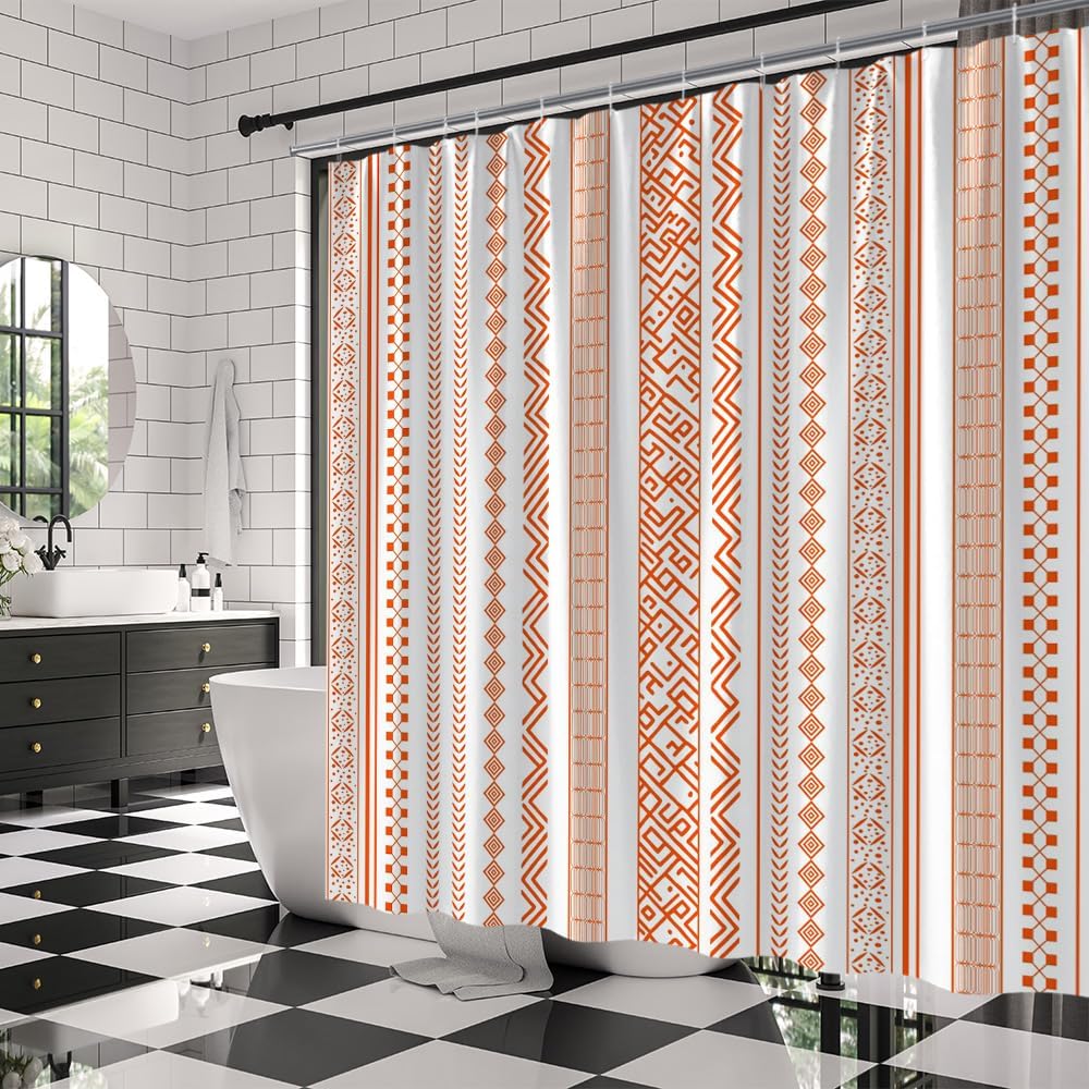 Orange and White Striped Shower Curtain Geometric Stripes Chic Cute Retro Aztec Vintage Aesthetic Girly Fabric Bathroom Decor Curtains with Hooks,82W x 70L
