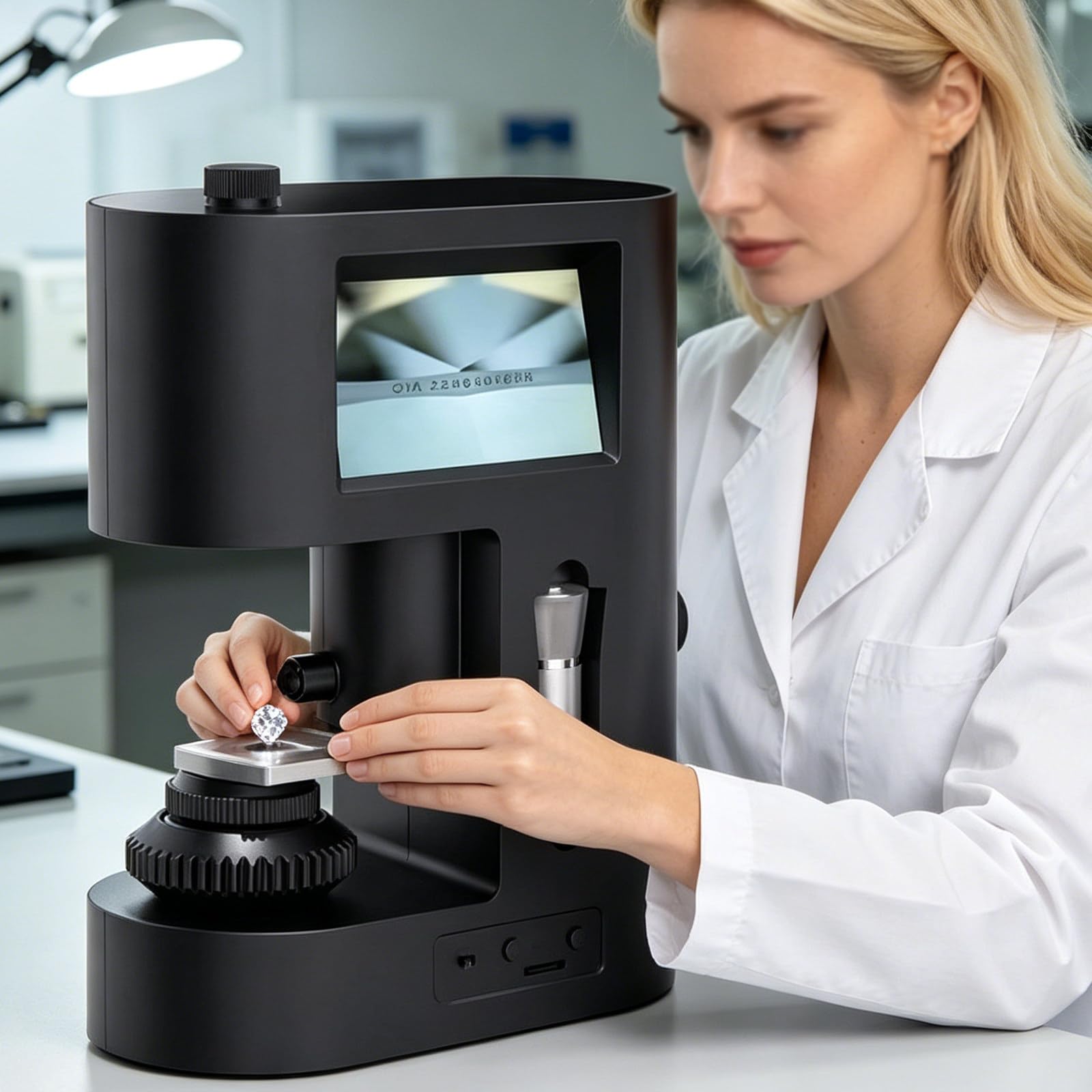 AityBuy Digital Diamond Girdle Viewer Microscope, 30-200X Diamond Girdle Inscription Viewer with LED Light for Gemstone Inspection,Dual Screen Display