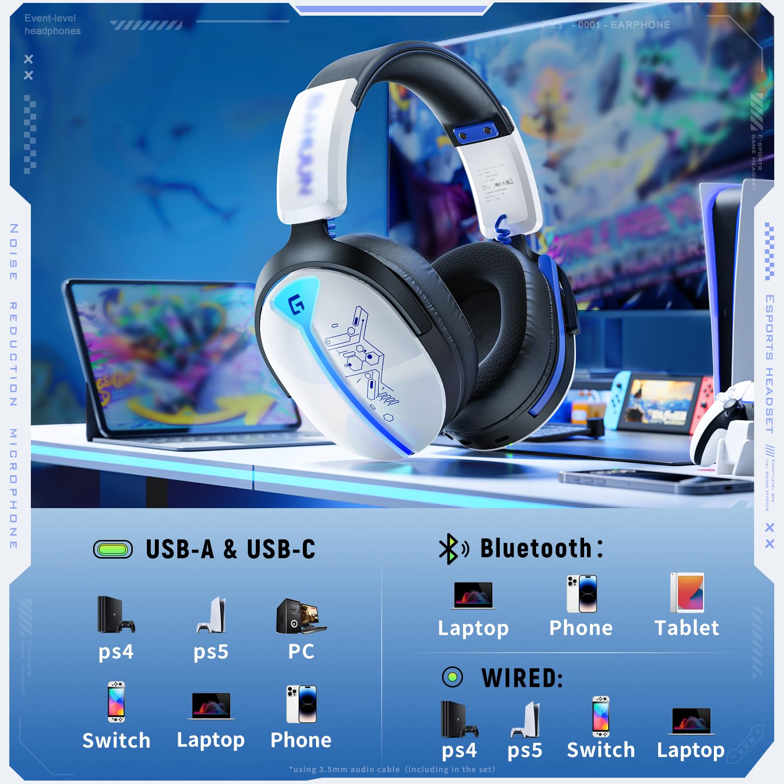 Gaming Headset Wireless, Headset mit Mikrofon für ps5 ps4, PC, Switch, Bluetooth 5.3, 7.1 Surround Sound, Extrem niedrige Latenz(<25ms), 40 Stunden, RGB Lichter, Weiß