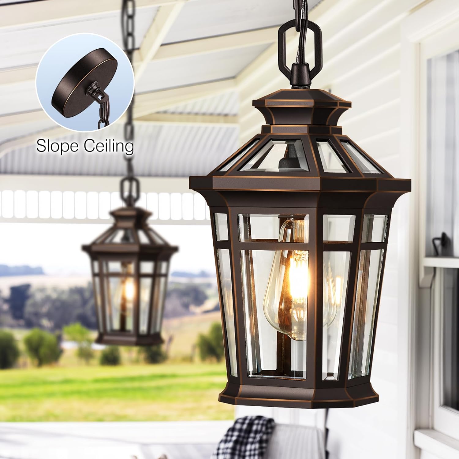 Outdoor Pendant Light, Oil Rubbed Bronze Front Porch Hanging Light Fixture, Outdoor Hanging Lights with Adjustable Chain, Anti-Rust Exterior Pendant Lantern, Outdoor Chandelier for Porch, Eaves