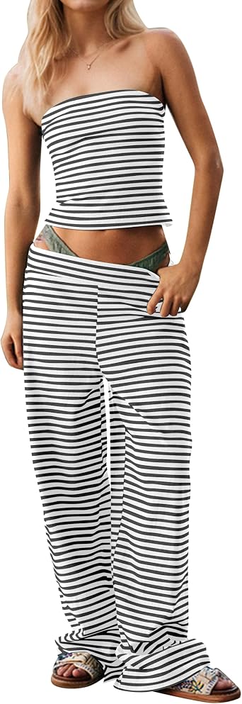MISSACTIVER Women Two Piece Sets Striped Matching Outfits Strapless Crop Tube Top and Elastic Waist Wide Leg Pants Set