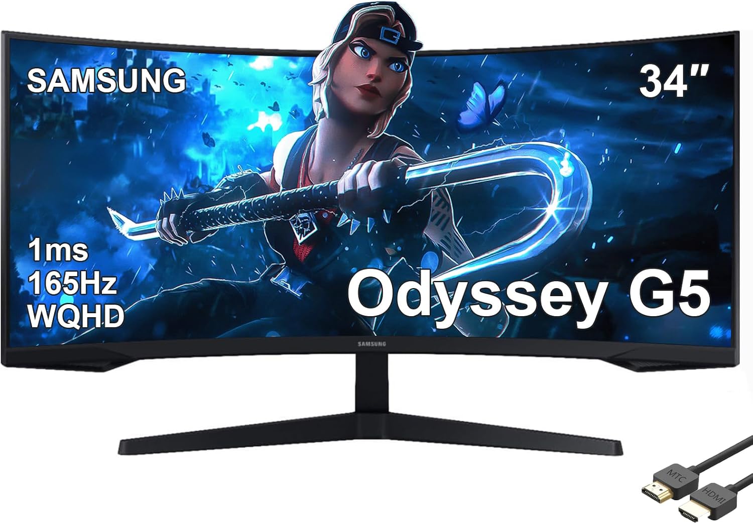 34" Odyssey G5 Series Ultra-Wide WQHD Gaming Monitor, 1000R Curved, 165Hz, 1ms Response Time, FreeSync Premium, Black, with MTC HDMI Cable