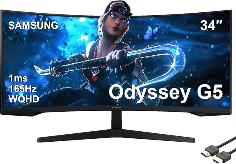 34" Odyssey G5 Series Ultra-Wide WQHD Gaming Monitor, 1000R Curved, 165Hz, 1ms Response Time, FreeSync Premium, Black, with MTC HDMI Cable